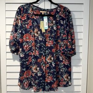 Skies Are Blue‎ Mayven Navy Floral V-Neck Blouse Size XL New